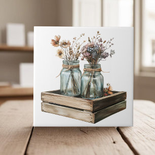 Mason jars, wildflowers in wood crate cottagecore tile