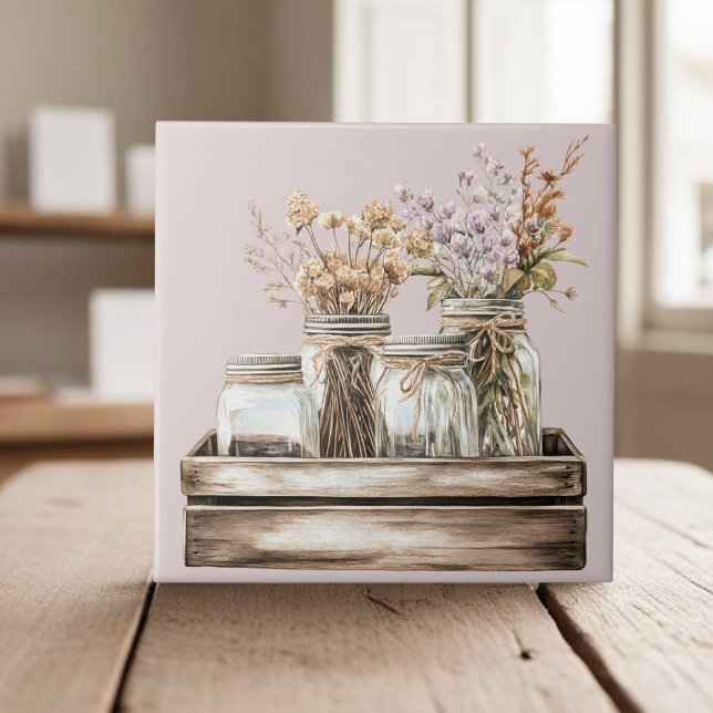 Mason jars, wildflowers in wooden crate farmhouse tile (Creator Uploaded)