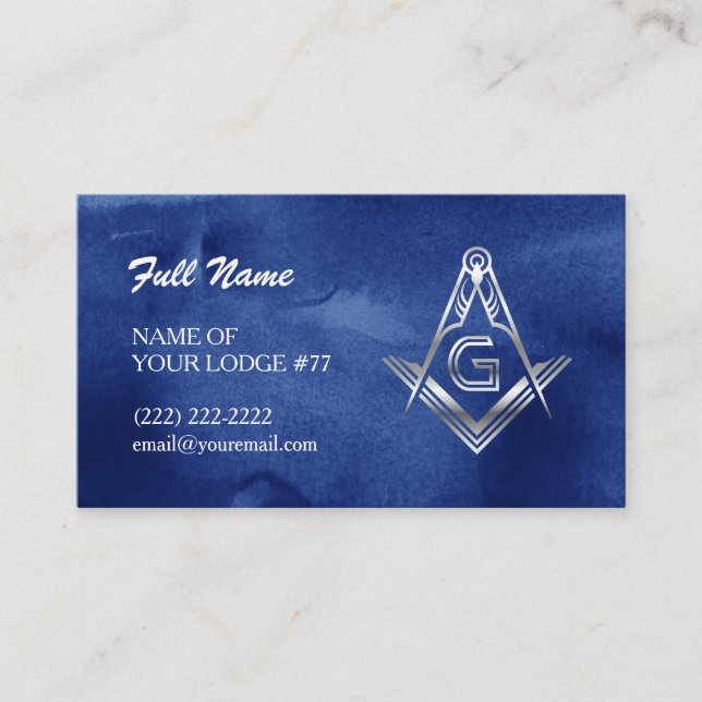 Masonic Business Cards | Blue & Silver Watercolor (Front)