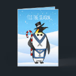 Masonic Christmas Cards Freemason Holiday Penguin<br><div class="desc">Truly fun and unique masonic Christmas cards that can be personalised by you! Surprise friends and family this year with this creative masonic happy holidays card that depicts an illustrated black and white penguin in a tuxedo and top hat holding a red and white candy cane in a winter wonder...</div>