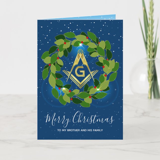 Masonic Christmas Cards | Navy Gold Holiday Wreath (Front)
