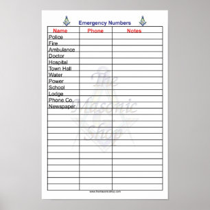 Masonic Emergency Phone Numbers Poster
