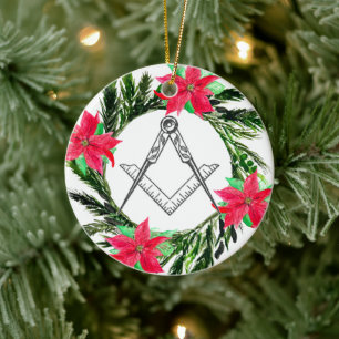 Masonic Freemason Masonry Wreath Poinsettia Ceramic Tree Decoration