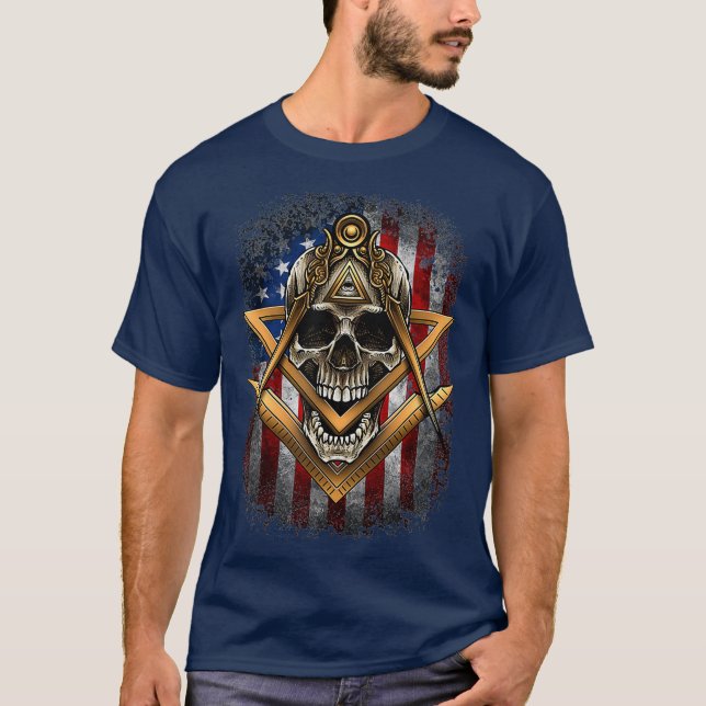 Masonic USA American Flag Skull Square  Compass T-Shirt (Front)