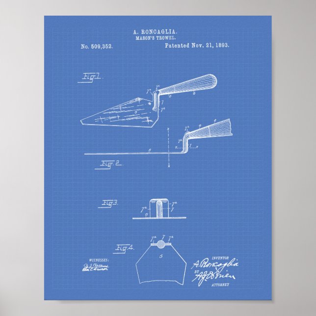 Mason's Trowel 1893 Patent Art Blueprint Poster (Front)