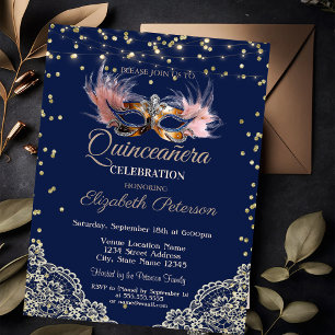 Masqu,String Lights,Lace,Diamonds Blue Quinceañera Invitation
