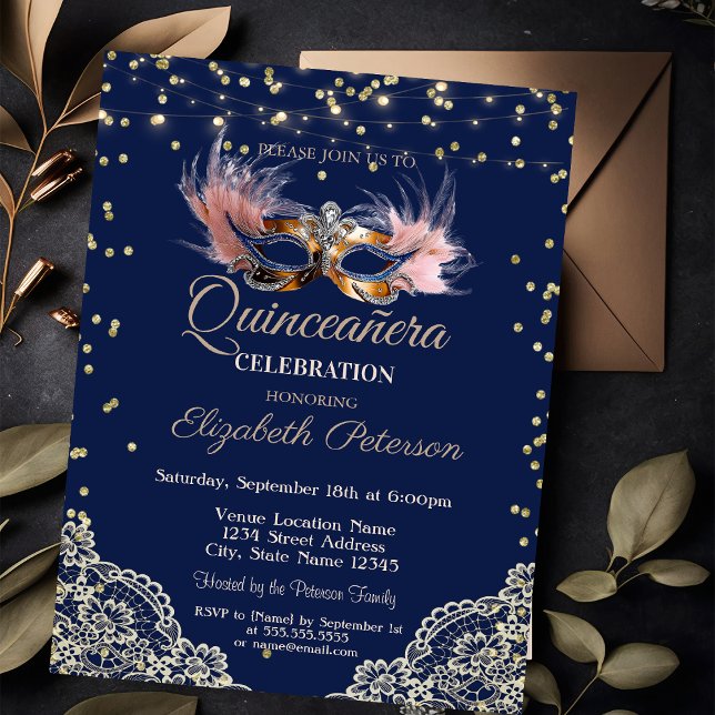 Masqu,String Lights,Lace,Diamonds Blue Quinceañera Invitation (Creator Uploaded)