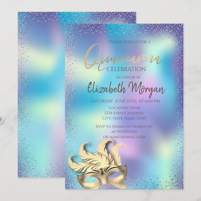 Masque,Confetti Dots Holographic Quinceañera Invitation (Front/Back)
