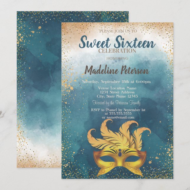 Masque,Confetti Watercolor Splash Sweet 16 Invitation (Front/Back)