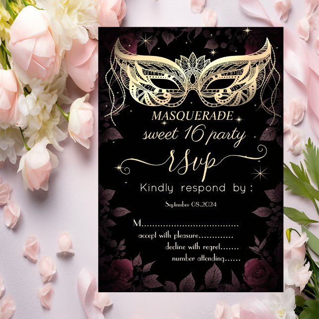 Masque Dark Burgundy Roses Black 80 Sweet 16 RSVP Invitation (Creator Uploaded)