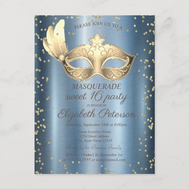  Masque Diamonds Blue Metallalic Sweet 16   Invitation Postcard (Front)