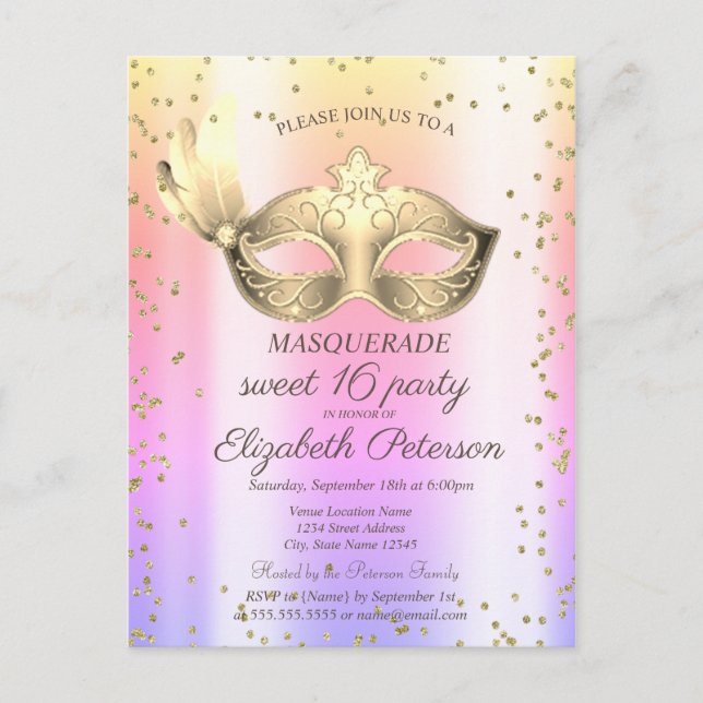  Masque Diamonds Ombre Masquerade Sweet 16   Invitation Postcard (Front)