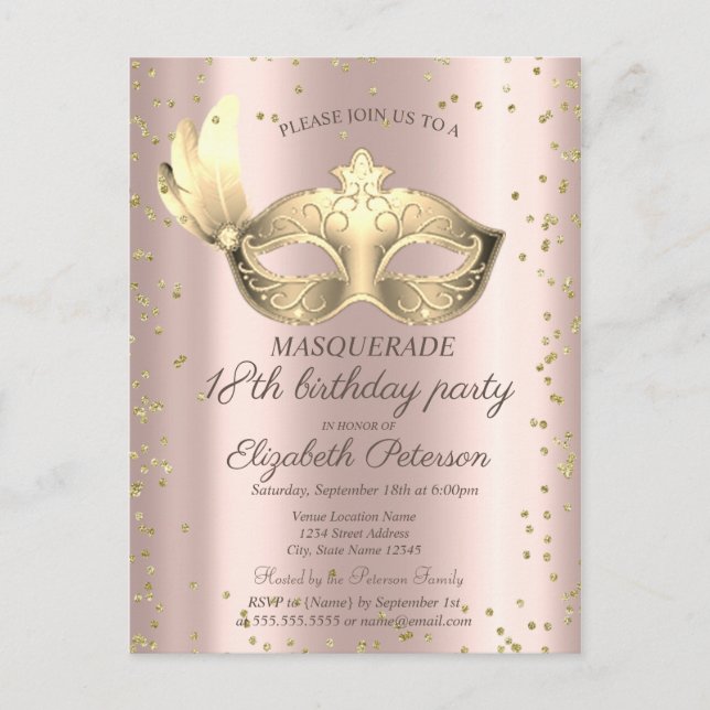  Masque Diamonds Rose Gold Masquerade18th Birthday Invitation Postcard (Front)