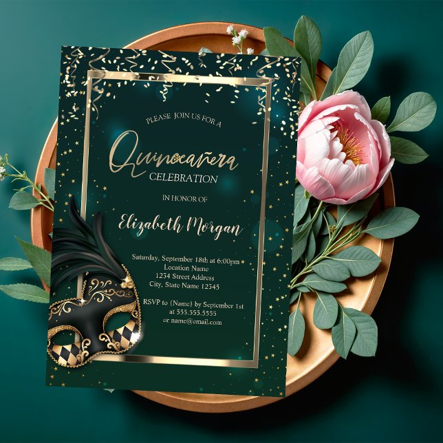 Masque,Frame,Confetti Green Quinceañera  Invitation (Creator Uploaded)