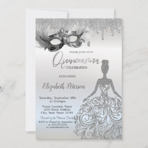  Masque Glitter Dress Drips Silver Quinceanera Invitation