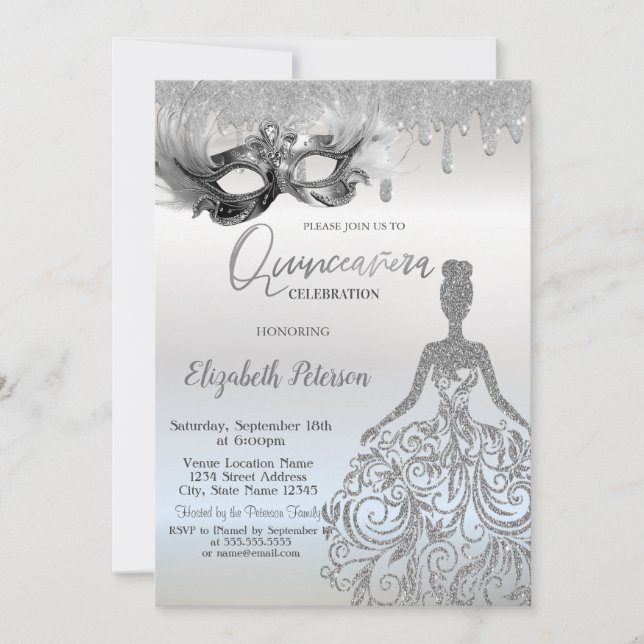  Masque Glitter Dress Drips Silver Quinceanera Invitation (Front)