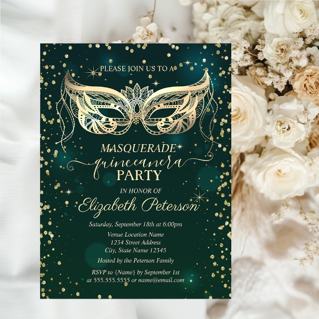 Masque Gold Diamonds Green Quinceañera  Invitation Postcard (Creator Uploaded)