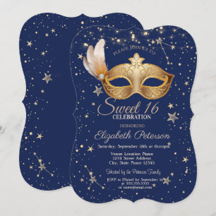 Masque Navy Blue Stars Sweet 16 Invitation