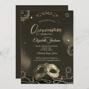 Masque Roses Pearls Gray Quinceanera  Invitation