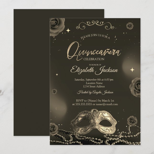 Masque Roses Pearls Grey Quinceanera  Invitation (Front/Back)