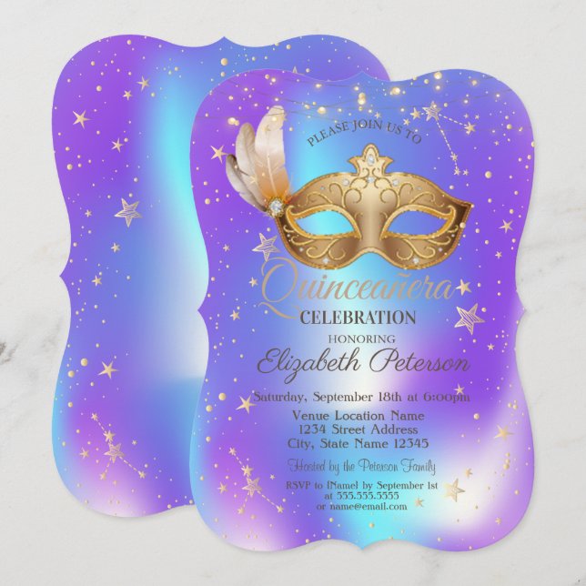 Masque Stars Holographic Quinceañera  Invitation (Front/Back)
