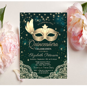 Masque,String Lights,Lace,Stars Green Quinceañera  Invitation