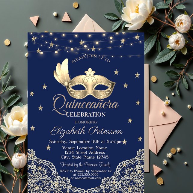 Masque,String Lights,Lace,Stars Quinceañera Invitation (Creator Uploaded)
