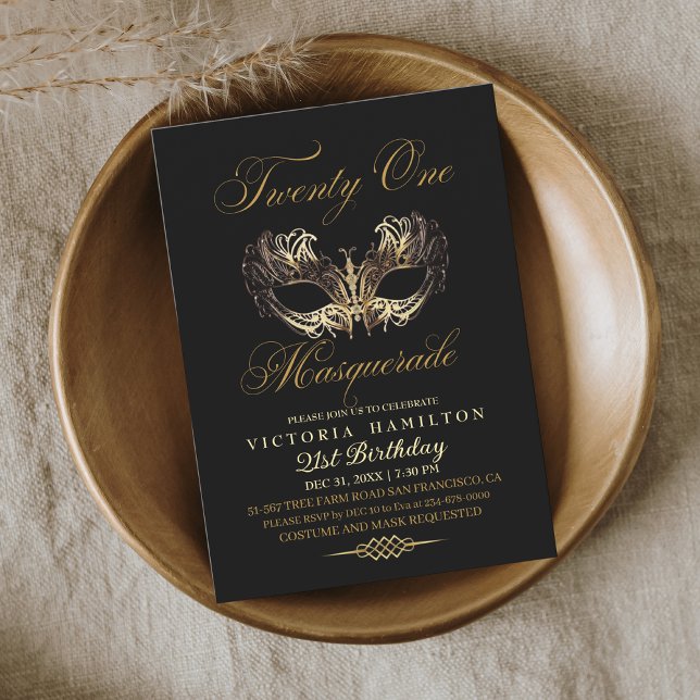 Masquerade 21st Birthday Black Gold Mask Invitation (Creator Uploaded)