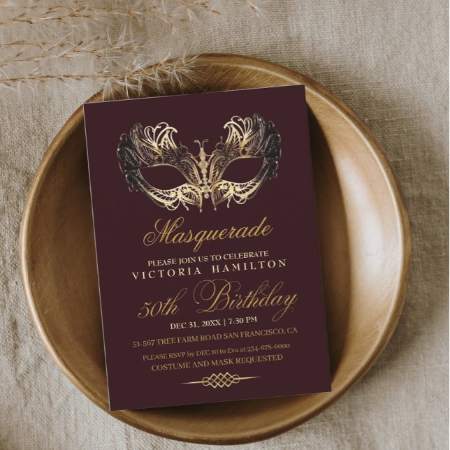 Masquerade 50th Birthday Burgundy Gold Mask Invitation (Creator Uploaded)