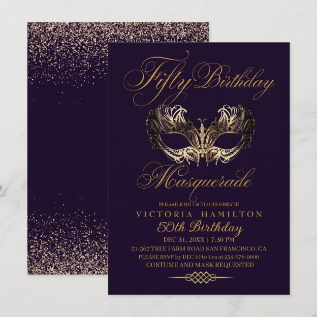 Masquerade 50th Birthday Purple Gold Invitation (Front/Back)