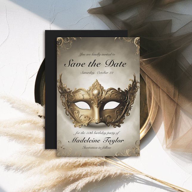 Masquerade Antique Gold Venice Mask 50th Birthday Save The Date (masquerade birthday party save the date venetian mask carnival antique elegant classy)