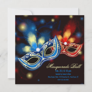 Masquerade B Red and Blue Blue Elegant Invitation