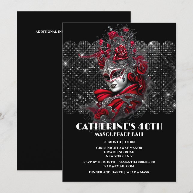 Masquerade ball birthday Venetian mask rose floral Invitation (Front/Back)