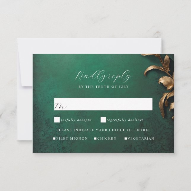 Masquerade ball gold and green rsvp (Front)
