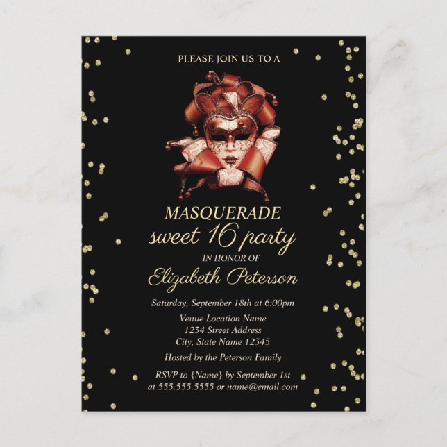 Masquerade Ball Gold Diamonds Sweet 16 Invitation (Front)