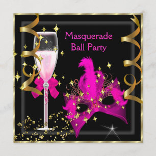 Masquerade Ball Hot-Pink Black Gold Mask Party Invitation