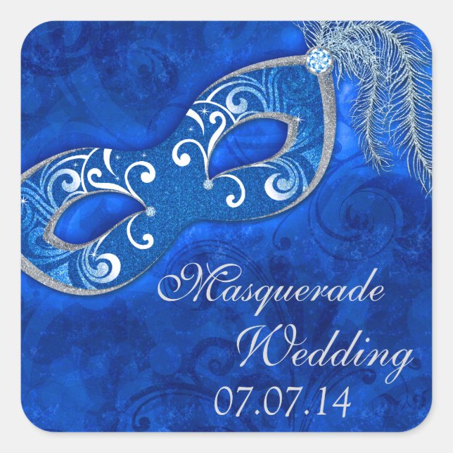 Masquerade Ball Mardi Gras Blue Wedding Square Sticker (Front)