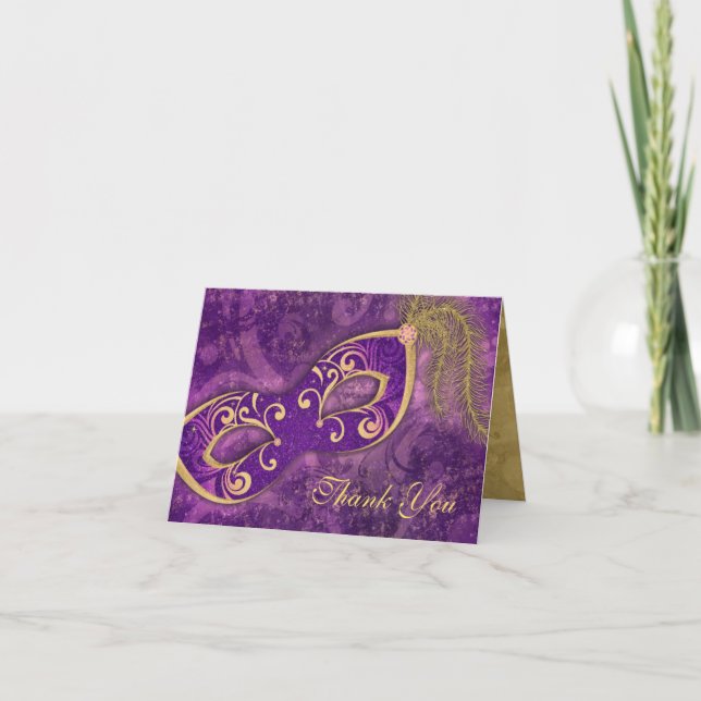 Masquerade Ball Mask Wedding Thank You Purple Card (Front)