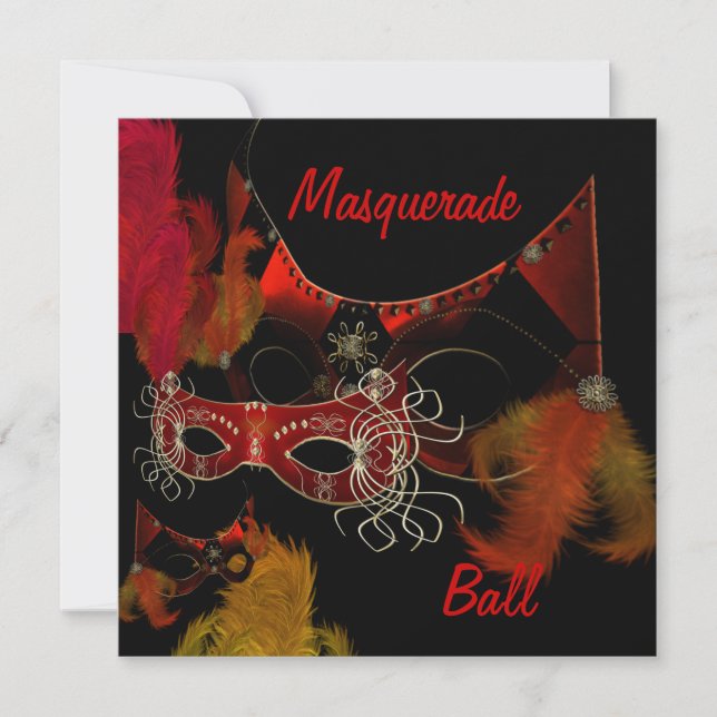 Masquerade Ball Masks Red Black Invite Party (Front)