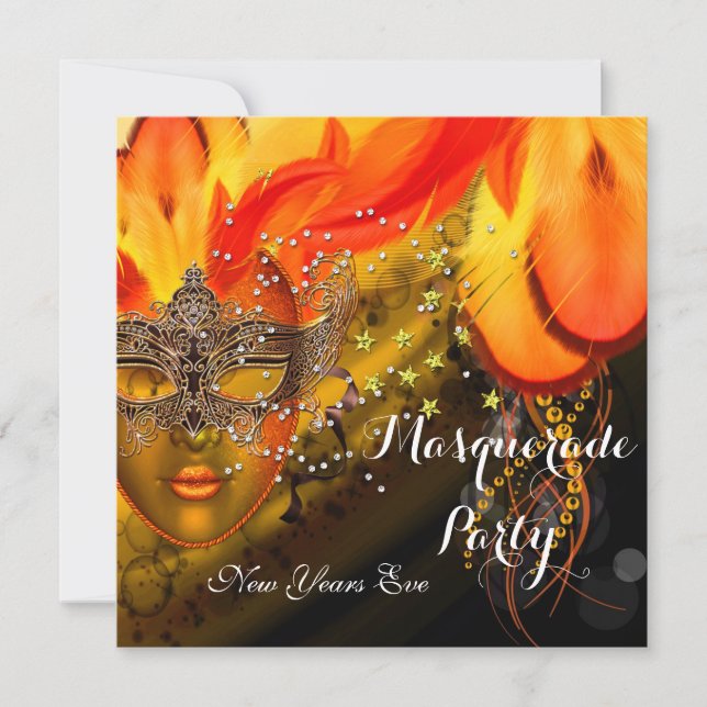 Masquerade Ball Party Gold Orange Yellow Masks Invitation (Front)