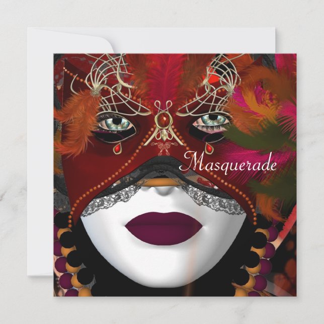 Masquerade Ball Party Mask Black Red 2 Invitation (Front)
