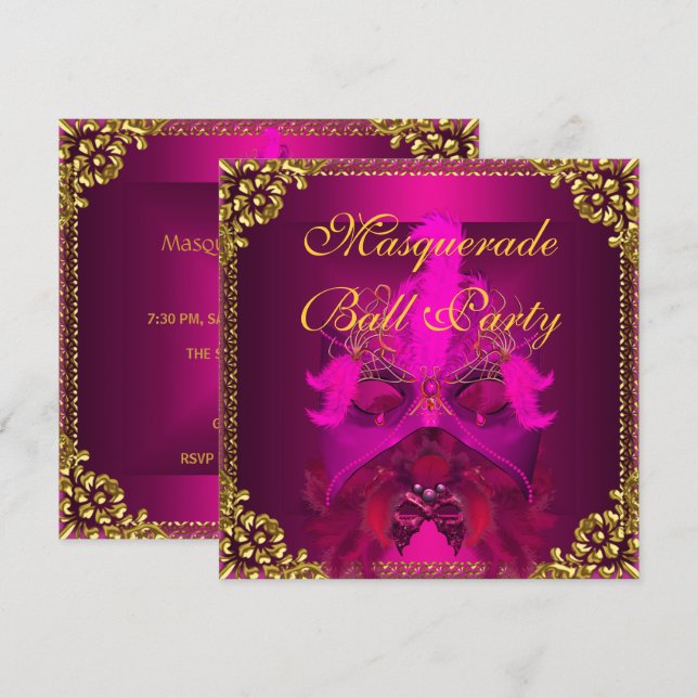 Masquerade Ball Party Masks Gold Deep Pink Invitation (Front/Back)