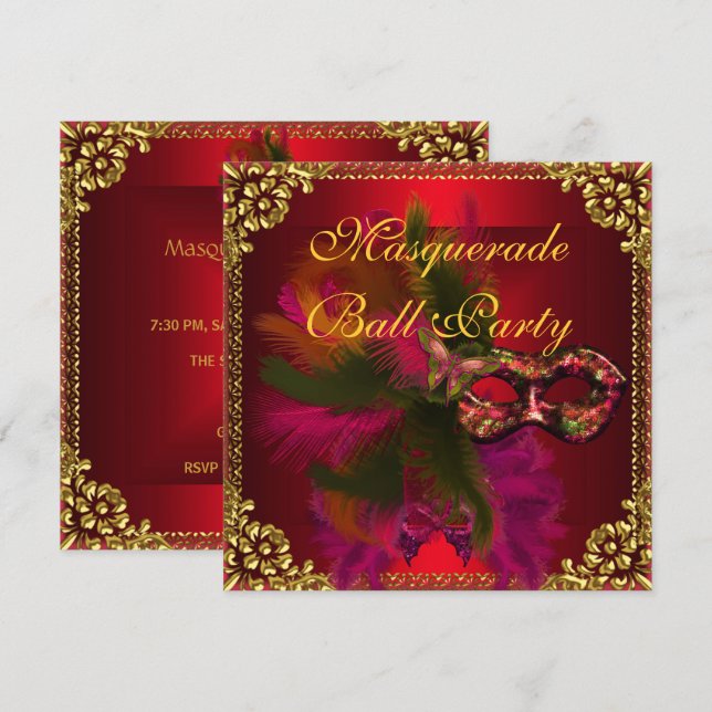 Masquerade Ball Party Masks Gold Deep Red Invitation (Front/Back)
