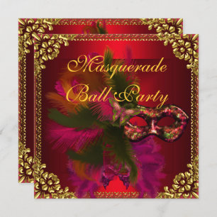 Masquerade Ball Party Masks Gold Deep Red Invitation