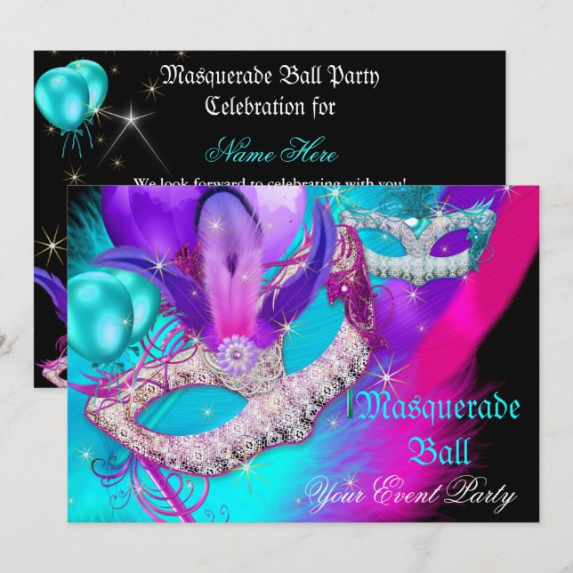 Masquerade Ball Party Masks Purple Teal Blue Pink Invitation (Front/Back)