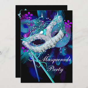 Masquerade Ball Party Teal Blue Black Masks Sml Invitation
