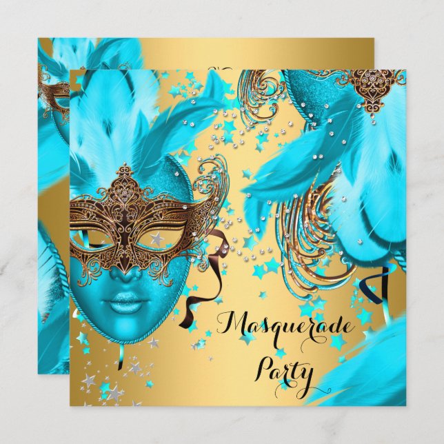 Masquerade Ball Party Teal Blue Masks Gold 3 Invitation (Front/Back)