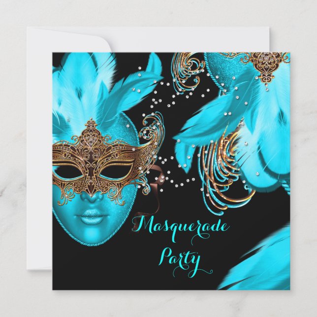 Masquerade Ball Party Teal Blue Masks Invitation (Front)