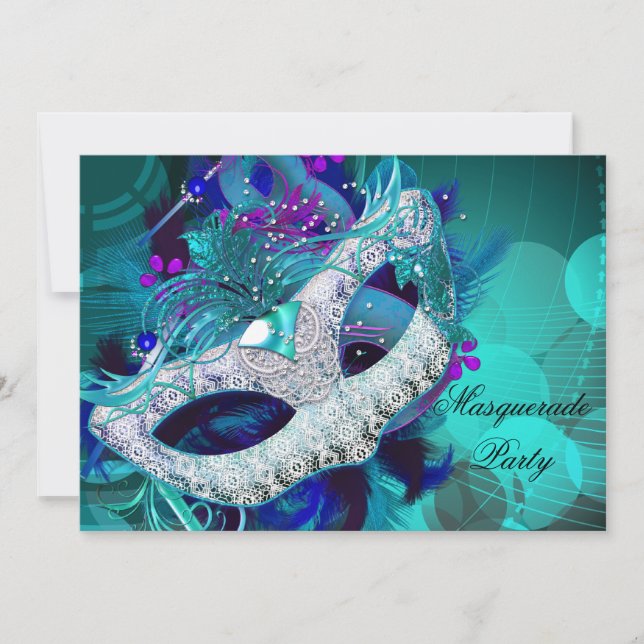 Masquerade Ball Party Teal Blue Purple Masks E Invitation (Front)