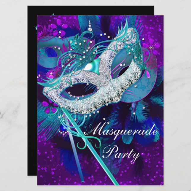 Masquerade Ball Party Teal Blue Purple Masks large Invitation (Front/Back)